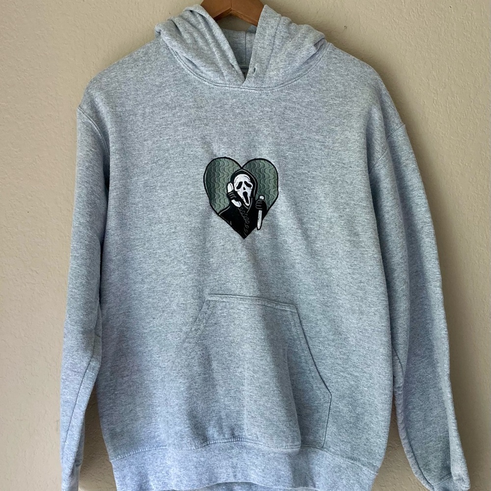 Gildan Light Gray Hoodie with Ghost face Heart Graphic